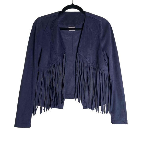 Vero Moda Women's Navy Open Faux Suede Southwestern Fringe Jacket Extra Small - Picture 2 of 11